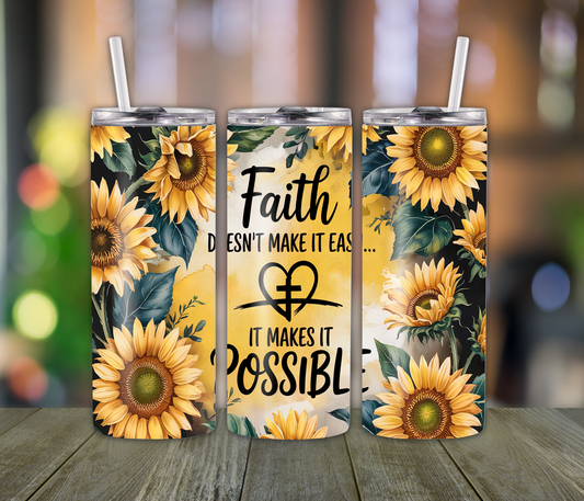 Faith & Sun Flower Tumbler with Cross – Motivational Tumbler, Floral Christian Cup, Scripture Gift for Her