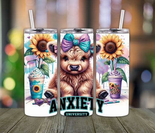 Anxiety University Tumbler – 20oz Highland Cow Cup for College Girls, Moms & Cow Lovers