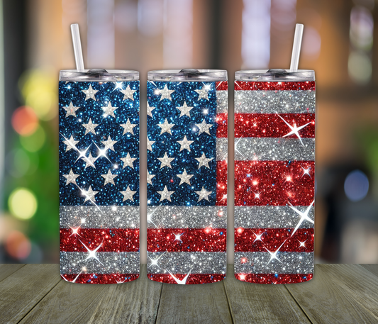 Glitter USA Flag Tumbler – 20oz Sparkly Patriotic Cup for Moms, Daughters, or Wife | 4th of July Gift for Her