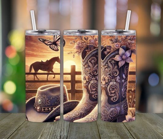 Country Girl Vibes Tumbler – 20oz Cup with Boots, Fields & Cowgirl Hat | Western Gift for Women, Daughters, or Moms